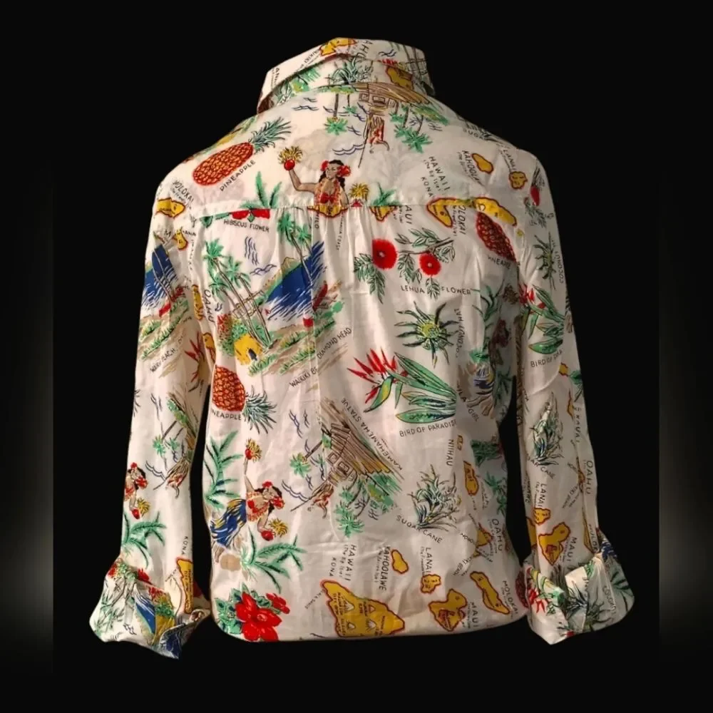J.Crew Hawaiian Destination Graphic Retro Vacation Tie Long Sleeve Button Top S